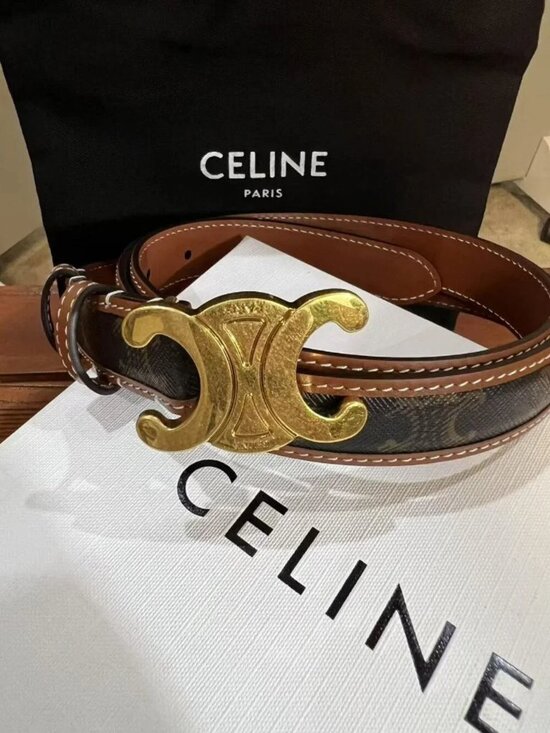 Celine Triomphe Belt Triomphe Canvas Tan Leather Gold Logo Buckle Designer Waist main image 6